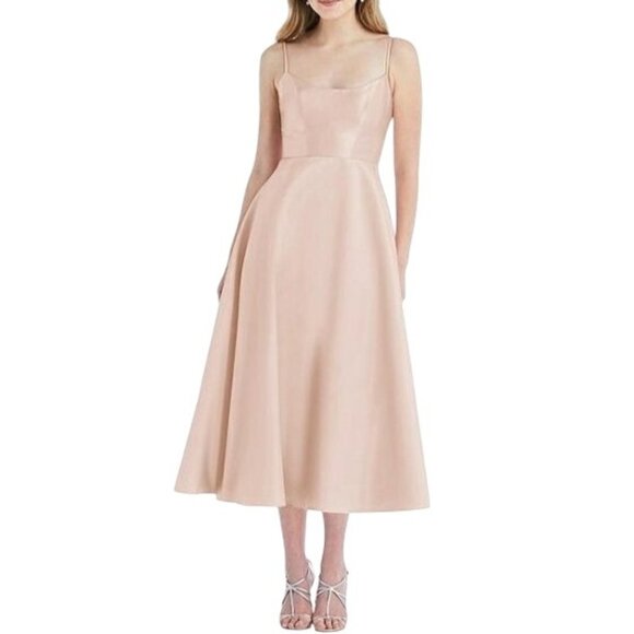 NEW Alfred Sung Spaghetti-Strap Satin Midi Dress Cameo/Blush‎ Pink Size 14 D799 - Picture 1 of 15